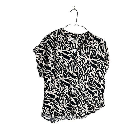 Alexander Jordan Button-Up Blouse Short Sleeve Black Tan Giraffe Womens Large - Picture 1 of 5